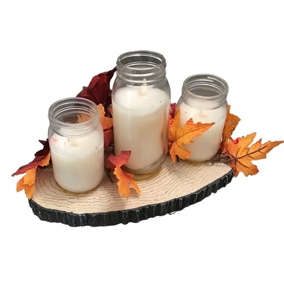 THANKSGIVING MAPLE LEAF CENTERPIECE ARRANGEMENT WITH 3-CENTER CANDLES BATTERY OP - Picture 4 of 6